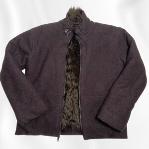 Armani Exchange Dark Brown Pea Coat with Faux Fur Trim